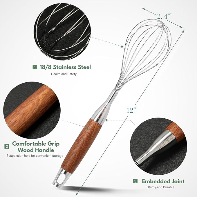 Stainless Steel Whisk for Cooking Wooden Handle Kitchen Non Stick Balloon Wire - Image 2