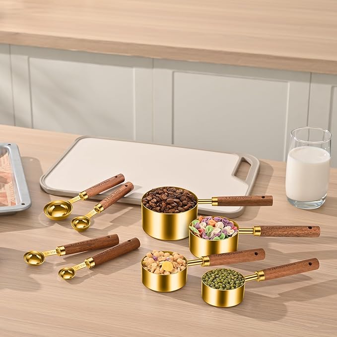 Stainless Steel Measuring Cups and Spoons Set of 8, Stackable Wooden Handle - Image 7