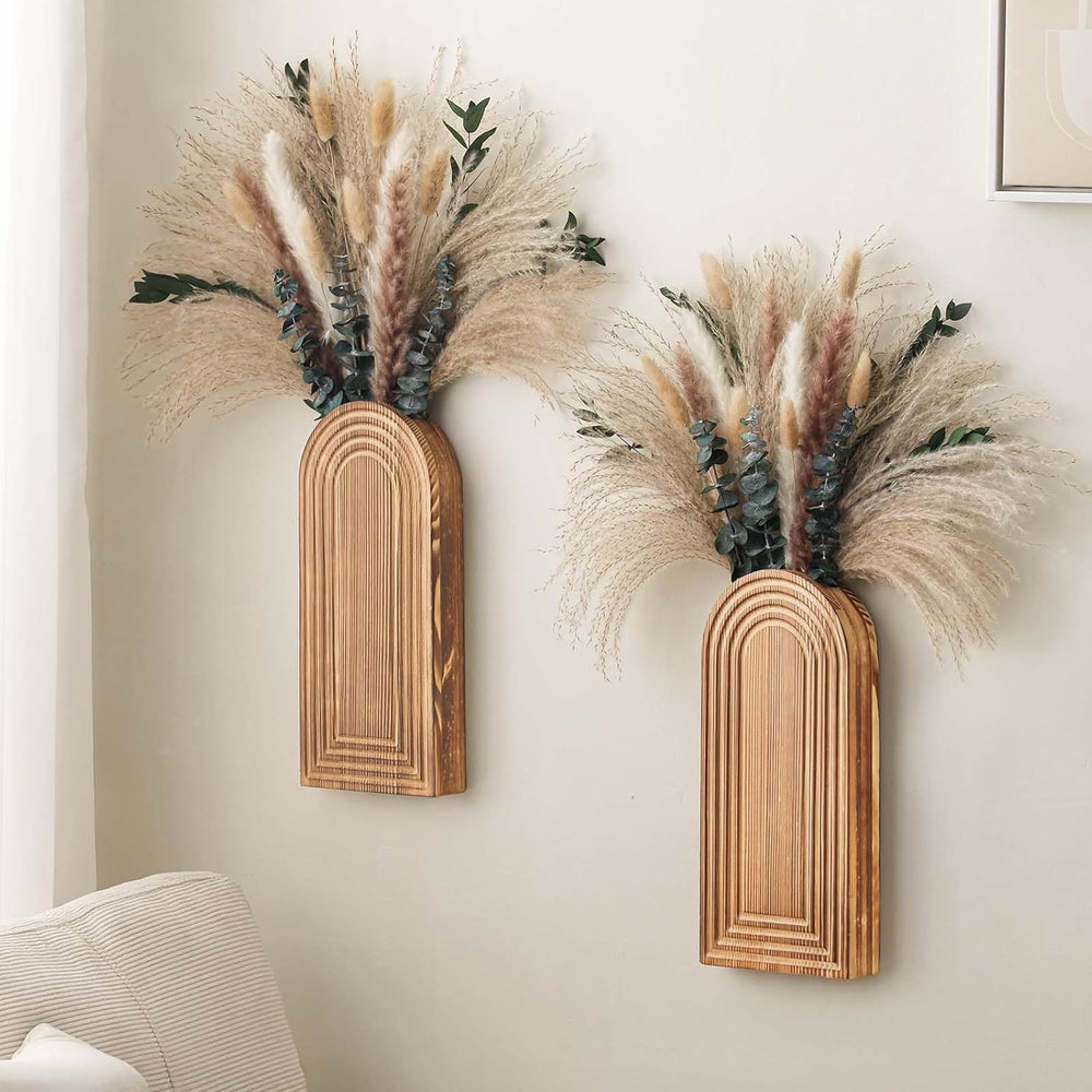 2 Pack Wooden Wall Vase Set with Pampas Grass Eucalyptus, Modern Farmhouse Bo...