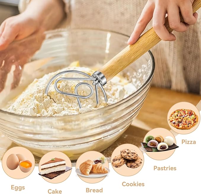 Danish Dough Whisk Dutch Bread Mixer Stainless Steel Hook Wooden Handle Baking - Image 4