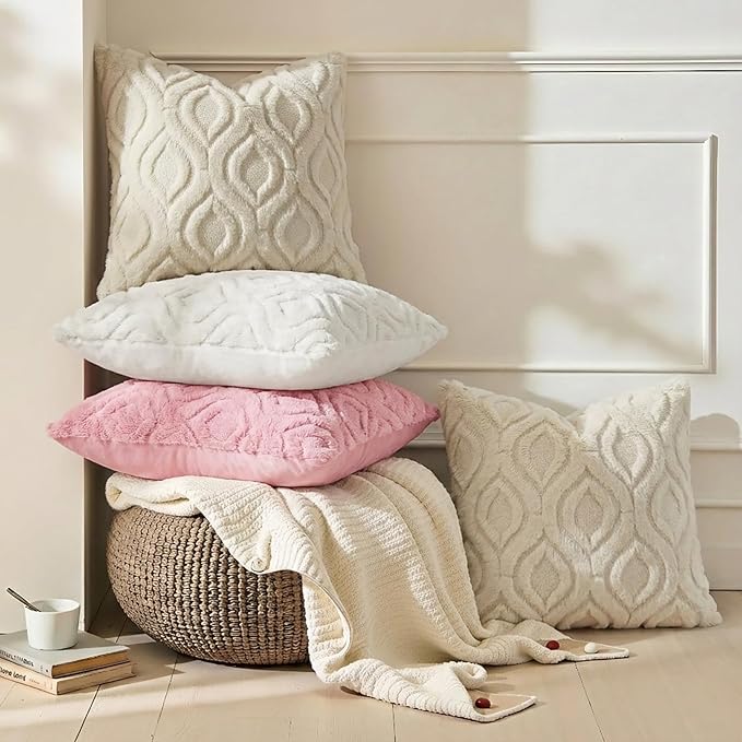 decorUhome Throw Pillow Covers 16x16 Inch Set of 2, Soft Plush Faux Wool Beige - Image 4