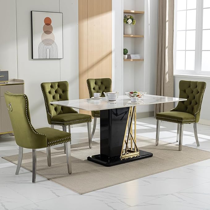 Mid Century Modern Dining Chairs Set of 4, Olive Velvet Upholstered Tufted Ba...