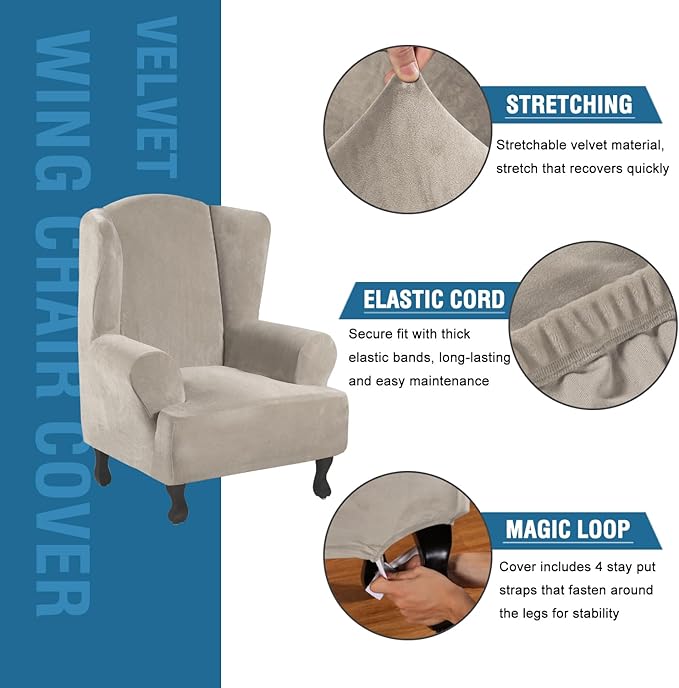 H.VERSAILTEX Wingback Chair Covers Velvet Plush Wing Chair Slipcover 1 Piece - Image 2