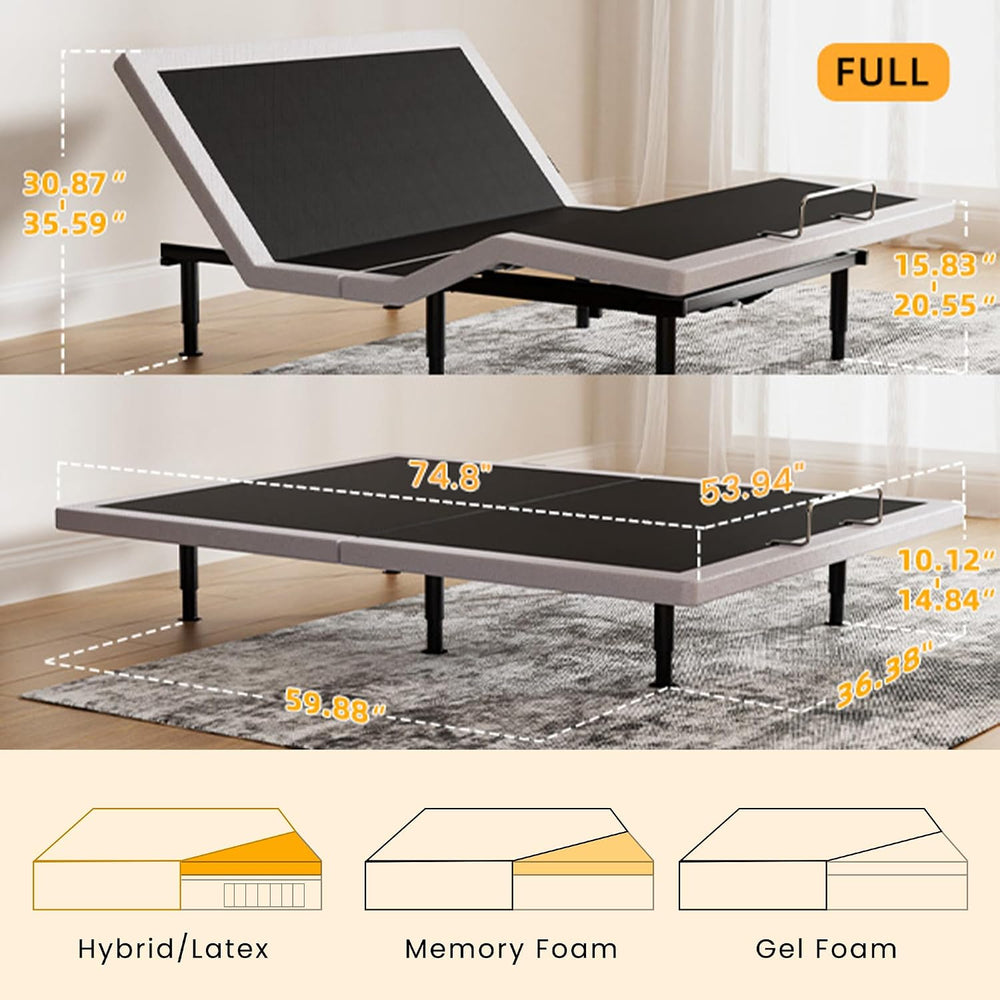 Adjustable Bed Frame Full Size with Wireless Remote, Head Foot Incline, USB, ...