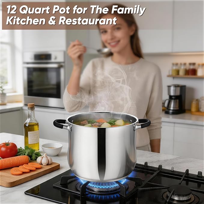 P&P CHEF Stainless Steel Stock Pot, 12 Qt Cooking Soup Pot