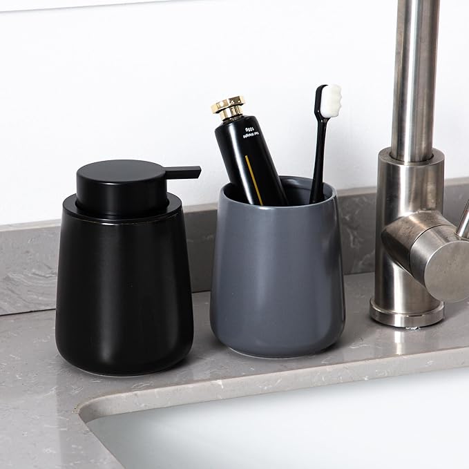 Enra Black Soap Dispenser, 12 oz Ceramic Hand Lotion Dispenser, Refillable Dish - Image 7