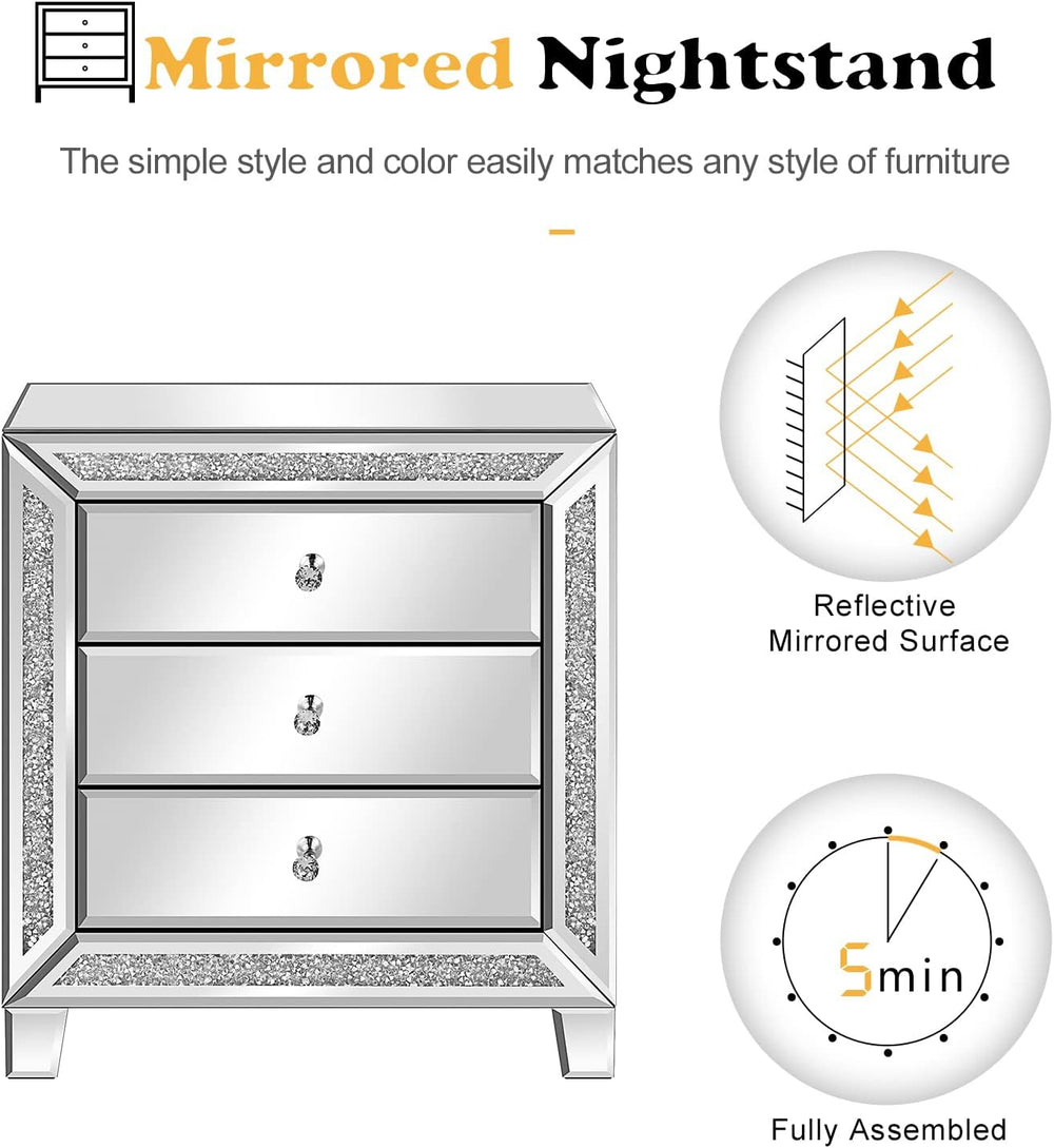 VINGLI Mirrored Nightstands Set of 2, 23" W Glass Mirror Night Stand Set...