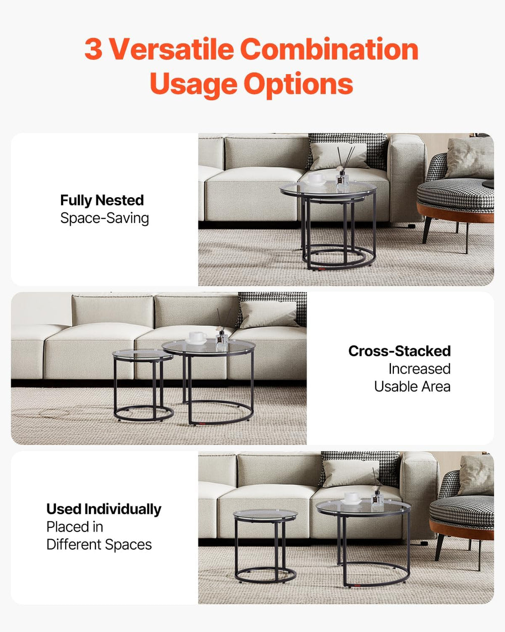 VEVOR Nesting Coffee Table Set of 2, 23.6 in Round Coffee Table, Glass Nestin...