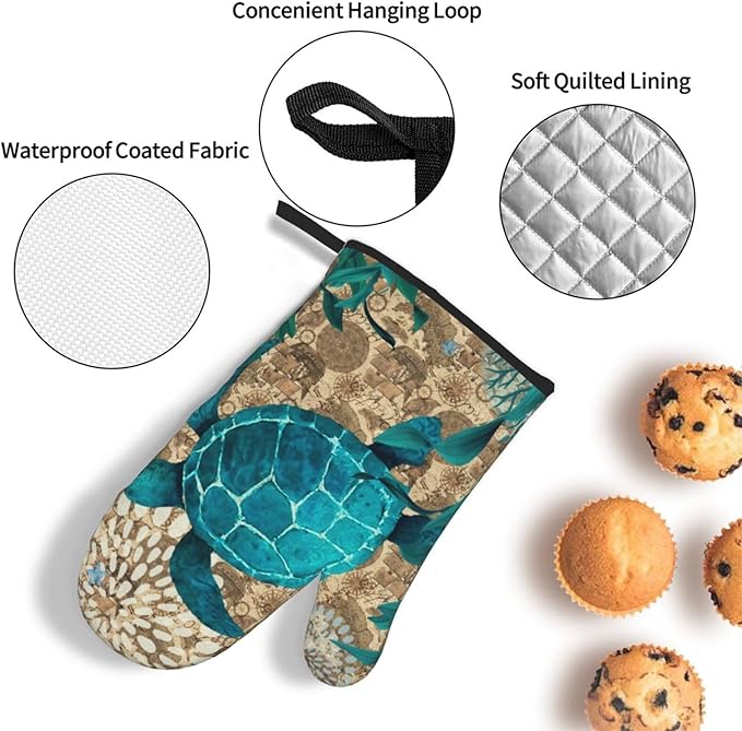 Retro Teal Nautical Oven Mitts and Pot Holders Sets, Sea Turtles Oven Gloves - Image 5