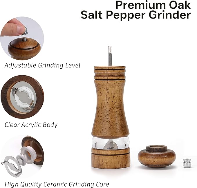 Wood Salt and Pepper Grinder, Salt Grinder and Pepper Mill, Oak Wood Shakers - Image 2