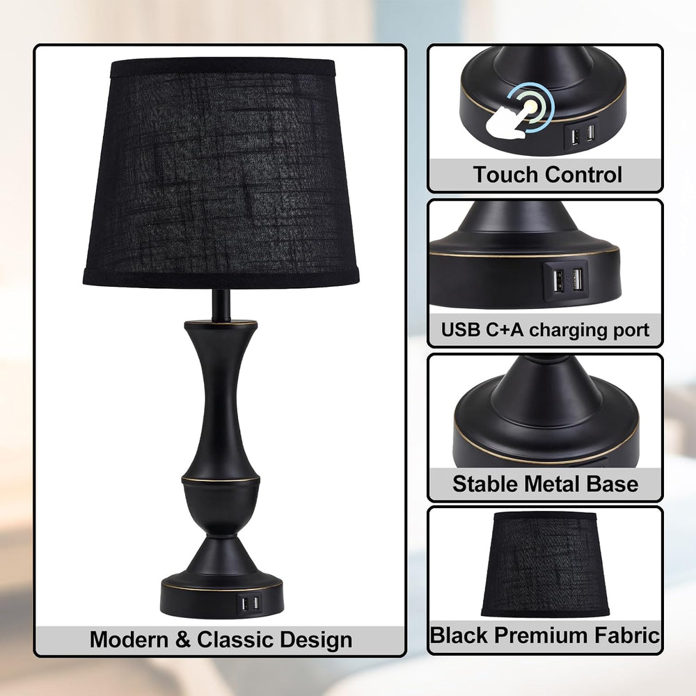 Black Touch Table Lamps Set of 2, 22" Tall Bedside Lamps
