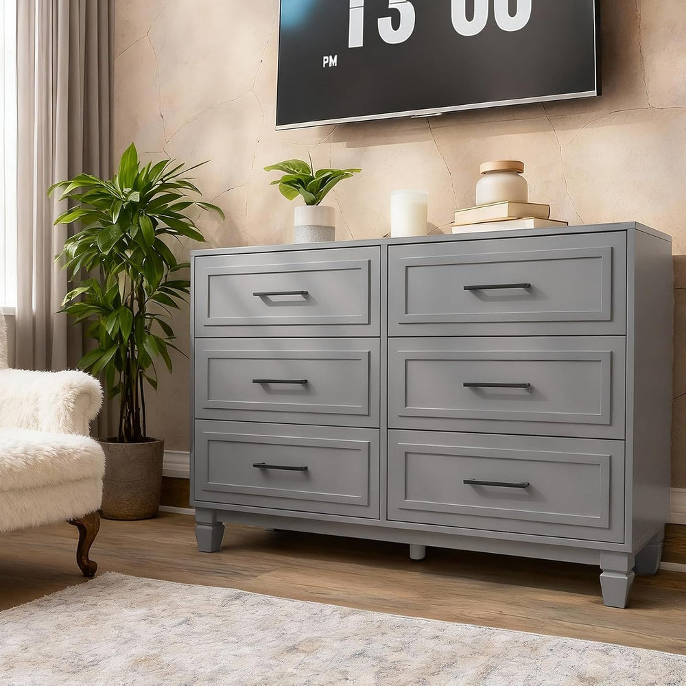 Grey Dressers for Bedroom, 6 Drawer Wood Chest, Wide Farmhouse Dresser