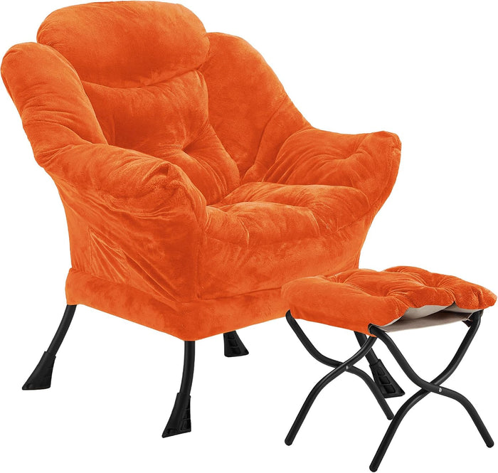 Youtanic Lazy Chair with Folding Ottoman, Accent Chair Plush Upholstered with Metal Structure and Non-Slip Pads, Sofa Armchair with Footrest and Side Storage Bag for Dorm, Room, Office, Orange
