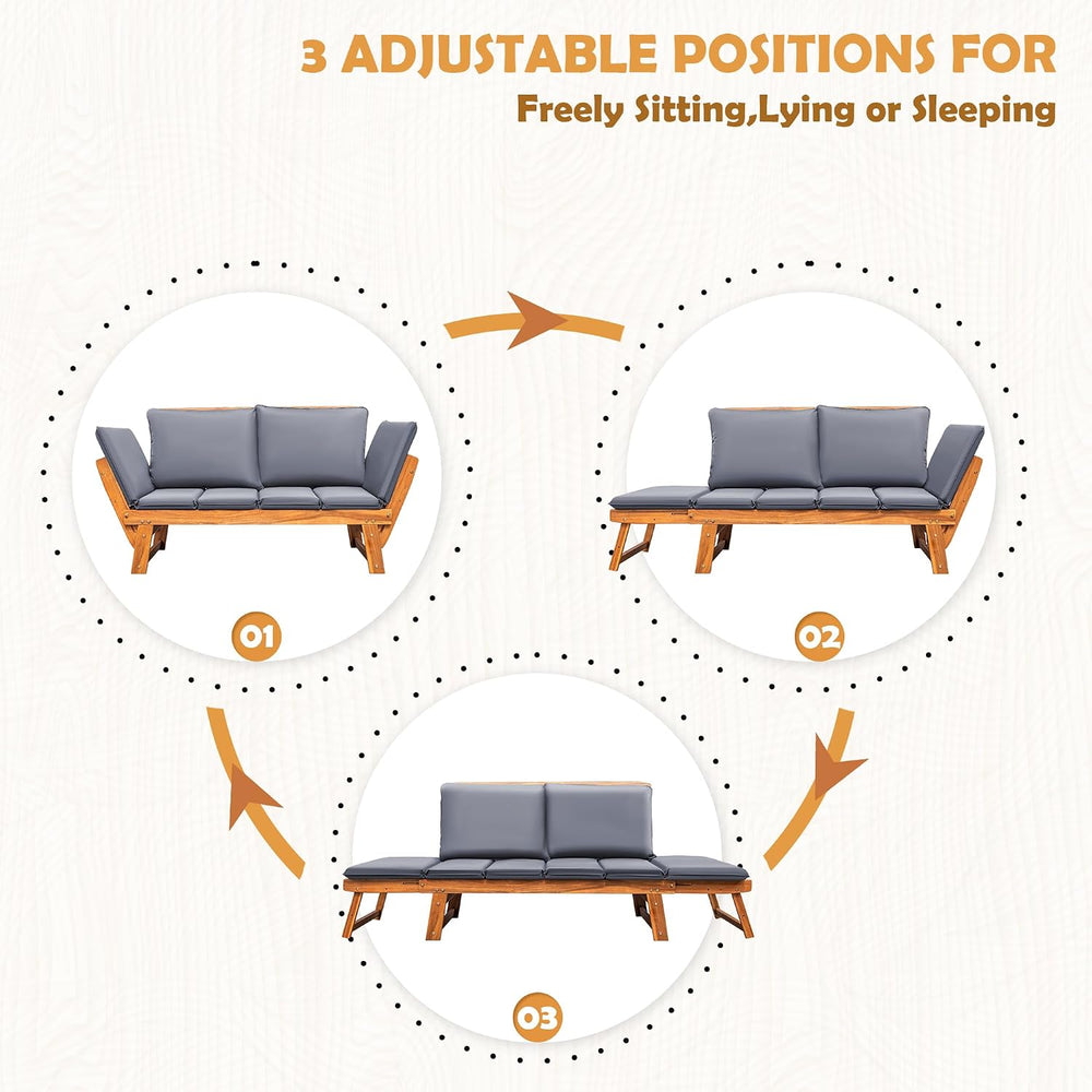 Greesum Patio Convertible Couch Sofa Bed with Adjustable Armrest, Acacia Wood...