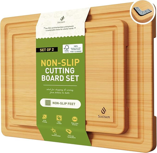 2 Piece Bamboo Cutting Board Set, Heavy Duty Wooden Boards by Socisen