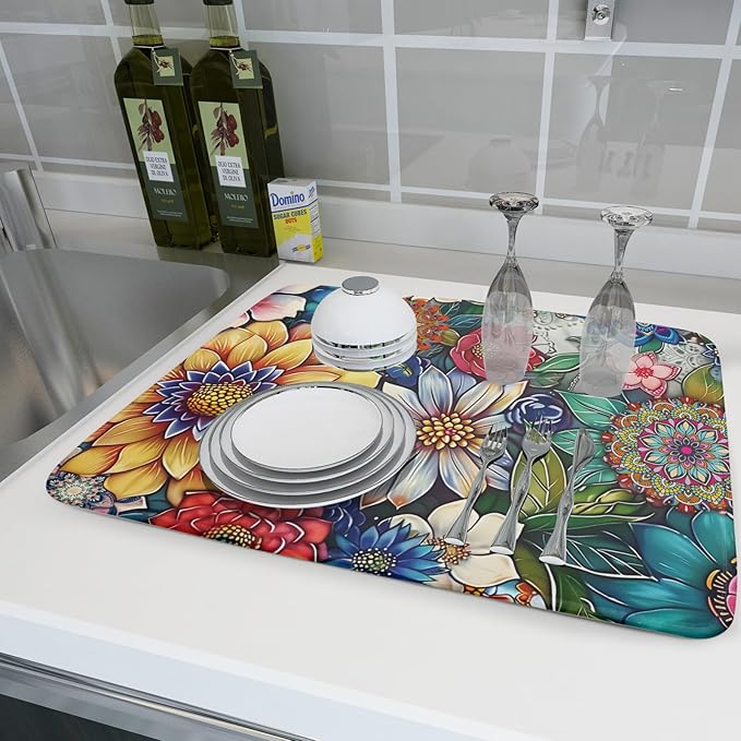 Boho Floral Dish Drying Mat for Kitchen Counter 16x18 Inch Boho Blooming Flower - Image 6