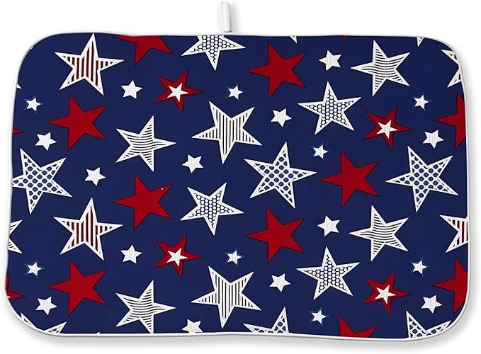 4th of July Dish Drying Mat 18x24 Inch Navy Blue Red Stars Patriotic Decor by DAFENA