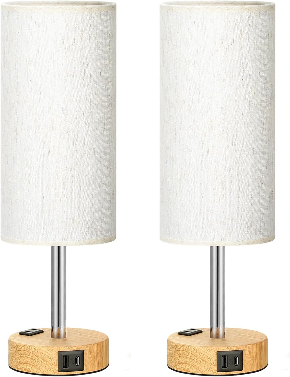 Bedside Table Lamp Set of 2 - Dimmable Touch, USB A+C, AC Outlet