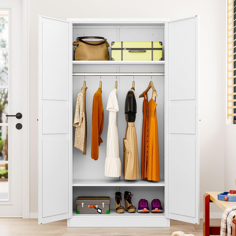 Metal Wardrobe Cabinet with Hanging Rod,White Armoire Wardrobe Closet,Metal C...