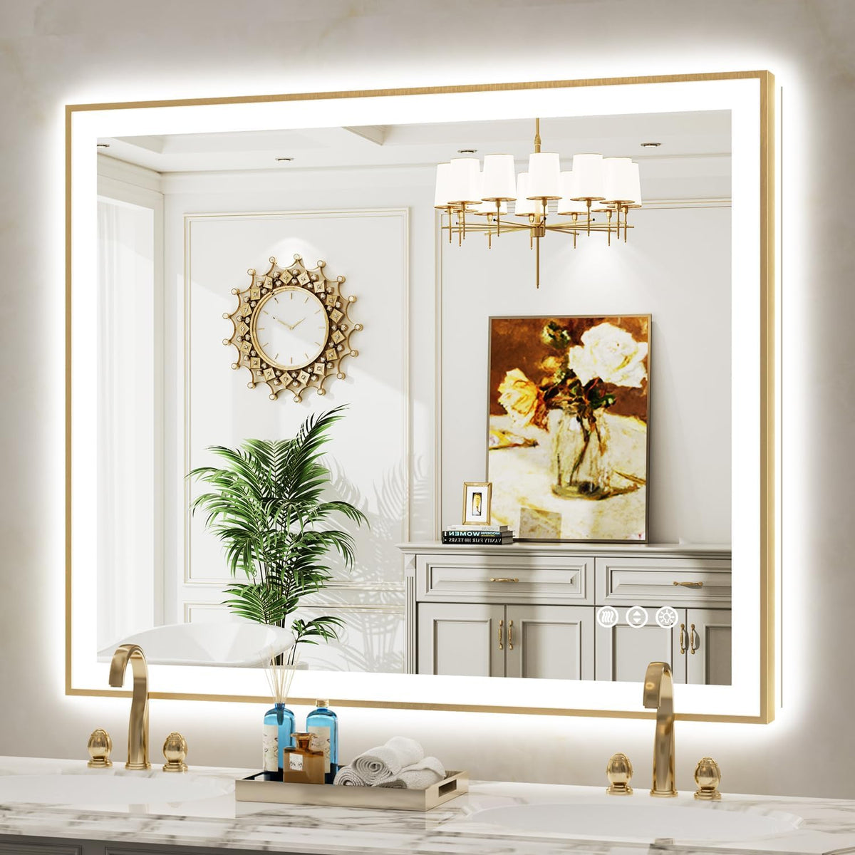 48x40 led bathroom mirror with lights, gold framed, main product view