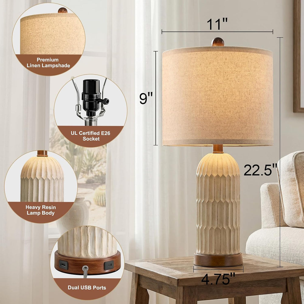22" Bedside Table Lamps Set of 2, Farmhouse Lamp with USB A+C,Brown