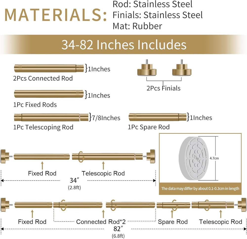 YNL Shower Curtain Rod 34-82 Inches (2.8-6.8ft) Adjustable Spring Shower Rod ...