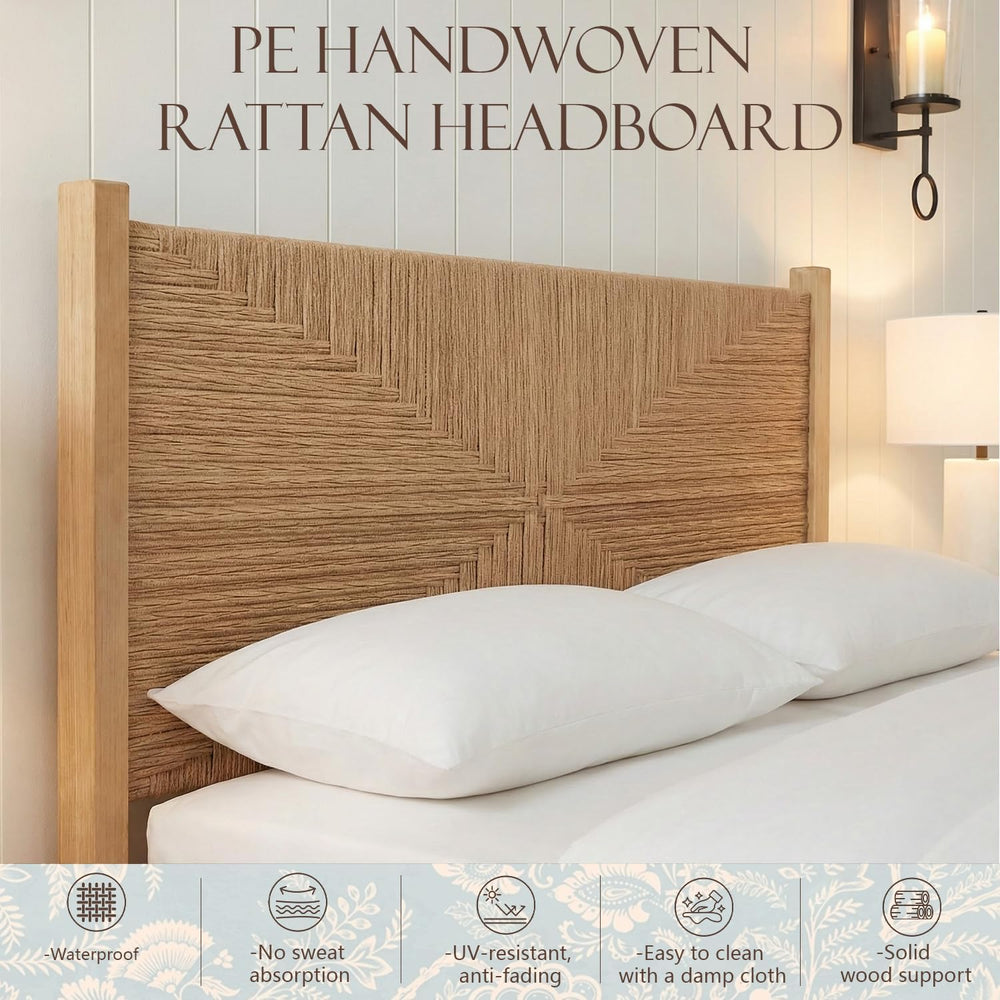 Brafab King Size Rattan Bed Frame, Boho Wicker Headboard, Natural Oak