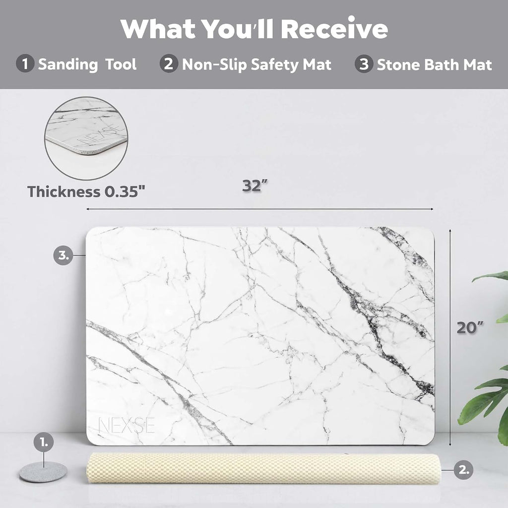 Extra Large Stone Bath Mat for Bathroom Floor (32" x 20") | Non Slip Super Absorbent Quick Dry Diatomaceous Earth Bath Mat | XL Diatomite Stone Bath Shower Mat | White