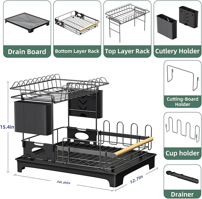 2-Tier Dish Rack with Drainboard: Large Capacity Anti-Rust Kitchen Counter