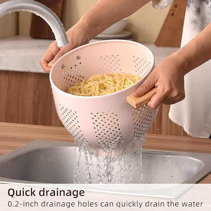 Metal Colander with Wood Handle and Stable Base, Powder Coated Steel Kitchen - Image 3
