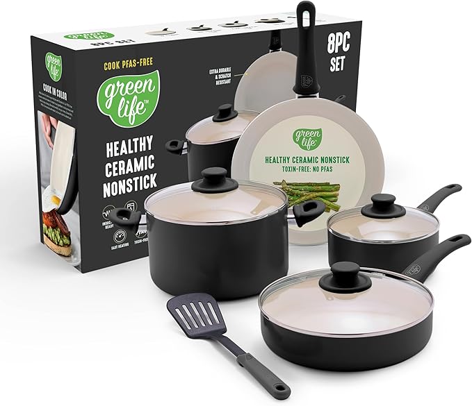 GreenLife 8 Piece Nonstick Cookware Set, Non-Toxic PFAS-Free Ceramic Pots & Pans by GreenLife