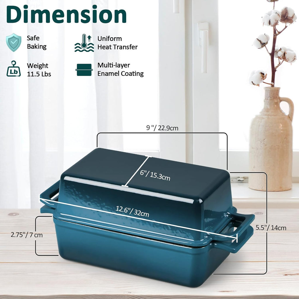Leonyo Enamel Cast Iron Bread Pan, 9"x5" Loaf Pan with Lid, Blackish Green | 2-in-1 Dutch Oven for Pound Cake, Lasagna, Oven Safe & Heat Up to 500℉