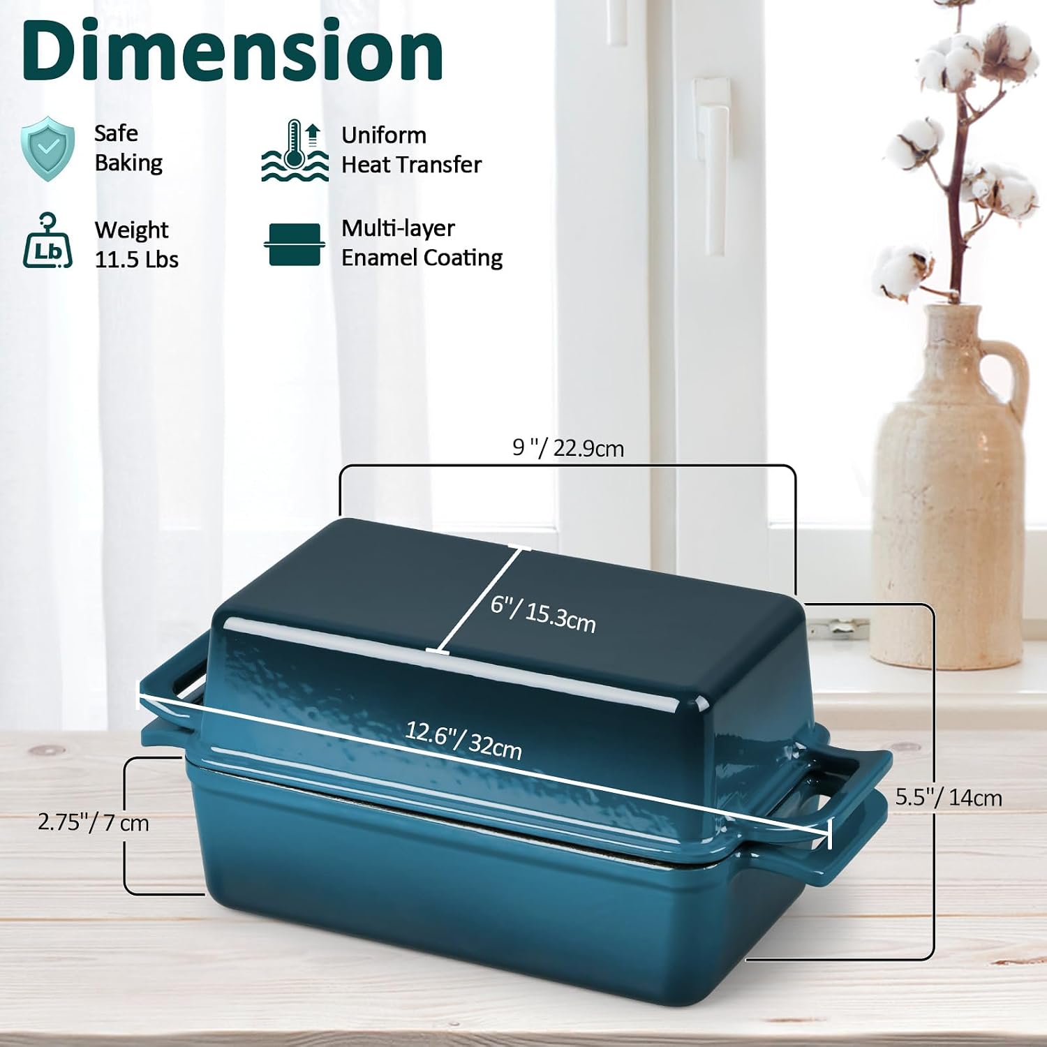 Leonyo Enamel Cast Iron Bread Pan, 9"x5" Loaf Pan with Lid, Blackish Green | 2-in-1 Dutch Oven for Pound Cake, Lasagna, Oven Safe & Heat Up to 500℉