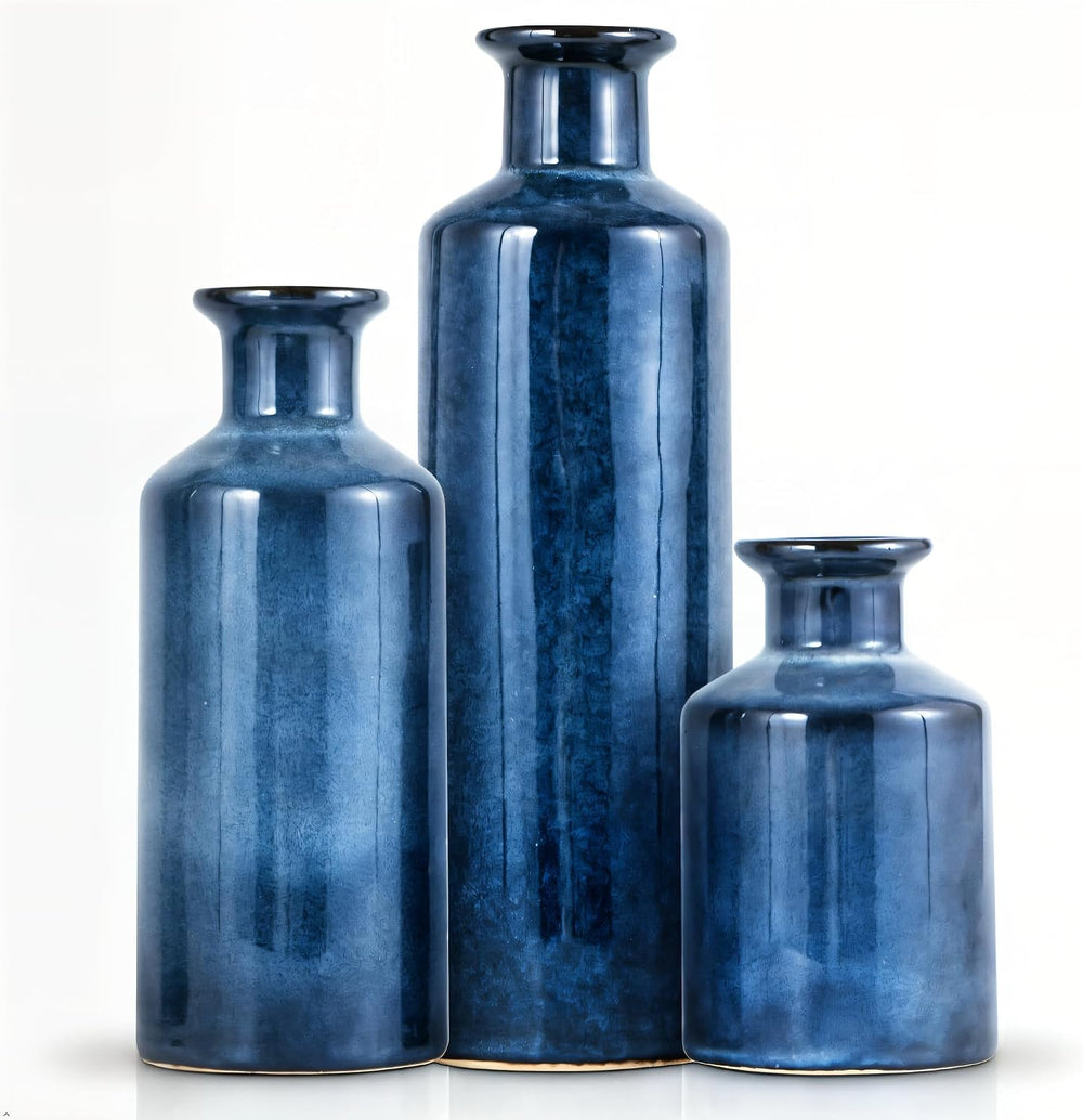 Mowtanco Blue Ceramic Vases Home Decor, 3 Small Modern Farmhouse Vases