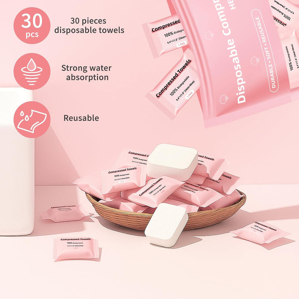 Disposable Compressed Face Towels, Ultra Soft Large Size Compressed Towel Tablets Portable Washcloth Reusable for Travel Camping Hiking Outdoor Sports Beauty Salon (30Pcs)