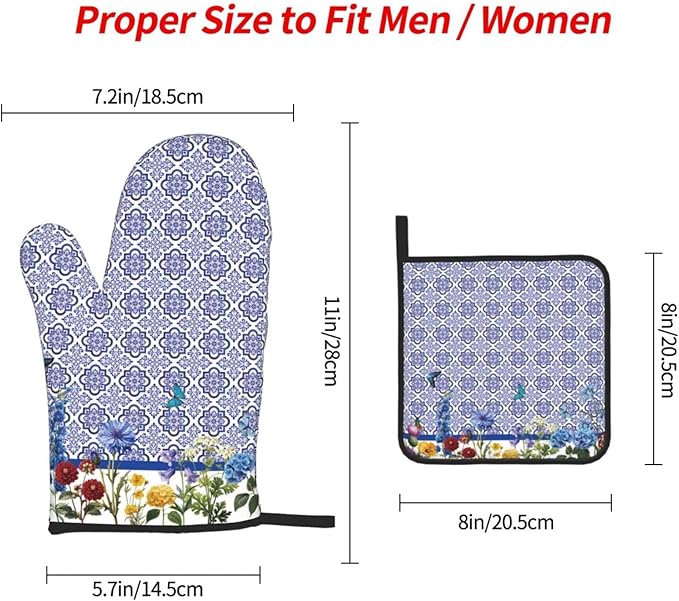 Blue Chinoiserie Oven Mitts Heat Resistant, Cute Floral Pot Holders and Kitchen - Image 4
