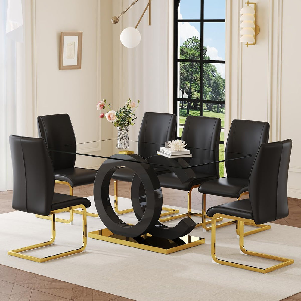 Glass Dining Table Set for 6,Modern Black Gold Dining Table Set,63" | Te...