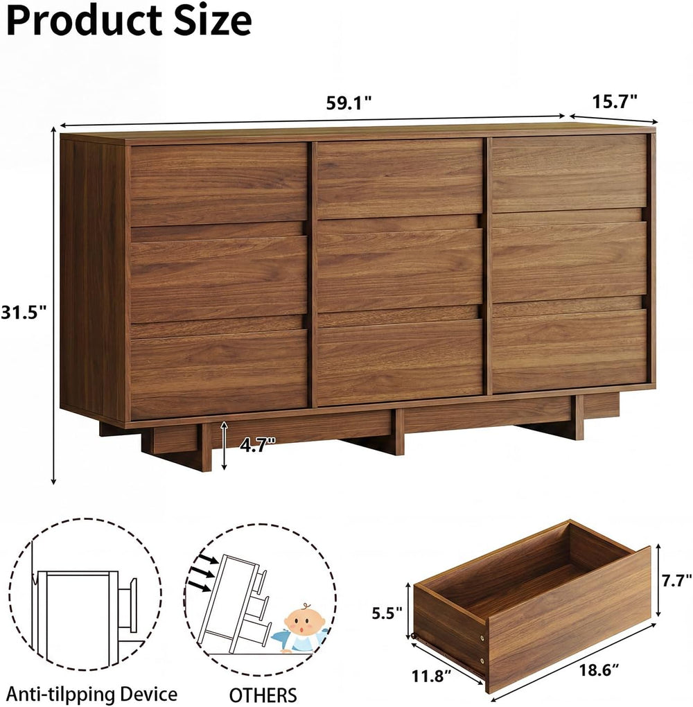 HOUROM 59in 9 Drawer Walnut Dresser for Bedroom, Modern Chest of Drawers