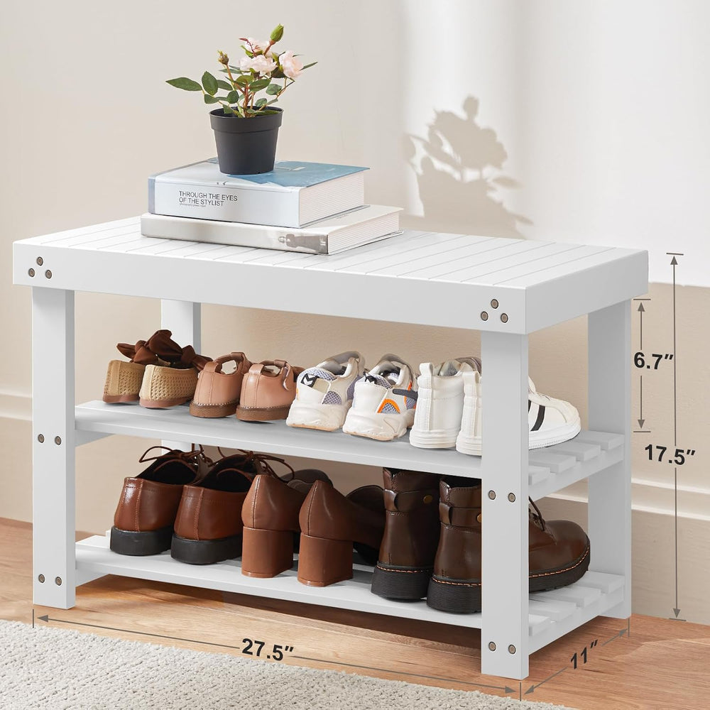 Pipishell 3 Tier Bamboo Shoe Rack Bench for Entryway, White