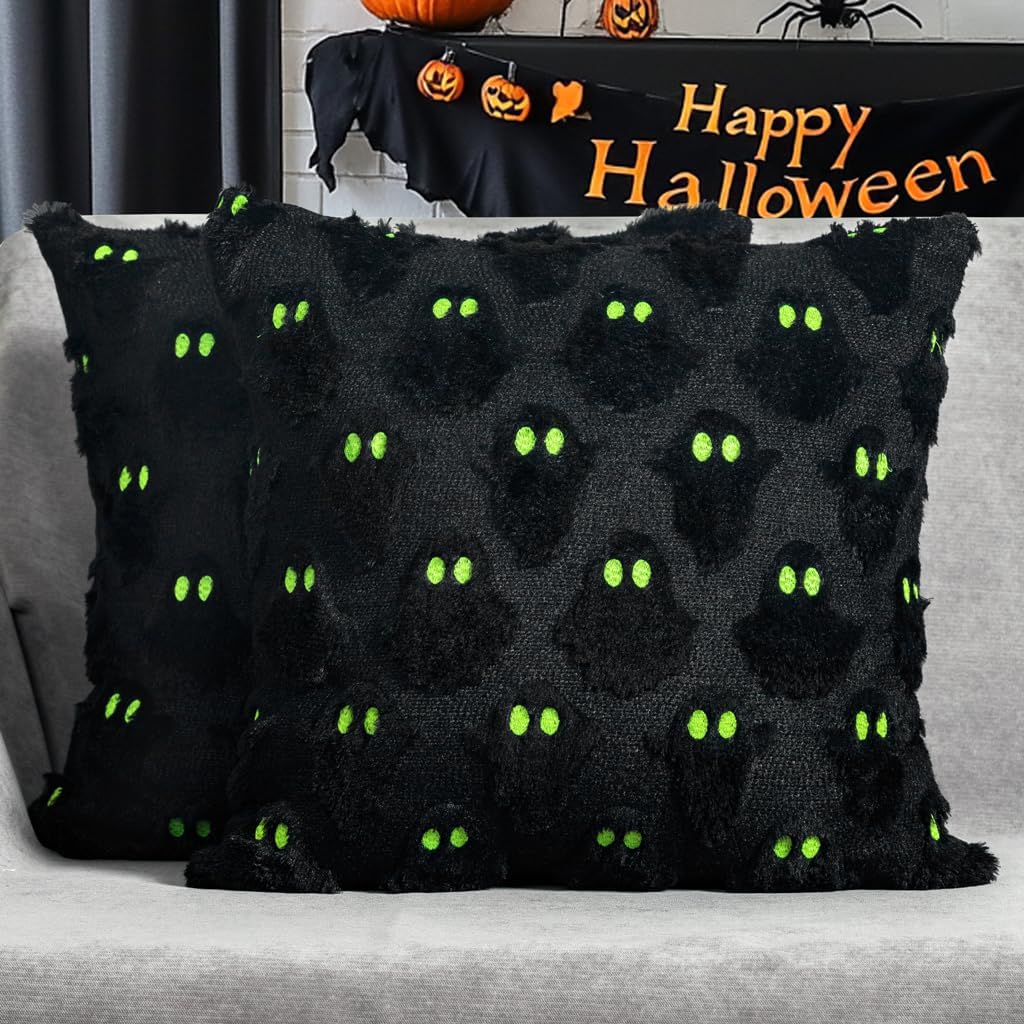 Halloween Ghost Decorative Pillow Covers 18x18 Set of 2, Black Green Soft Plush Faux Fur Farmhouse Throw Cushion Cases for Fall Autumn Holiday Home Decorations