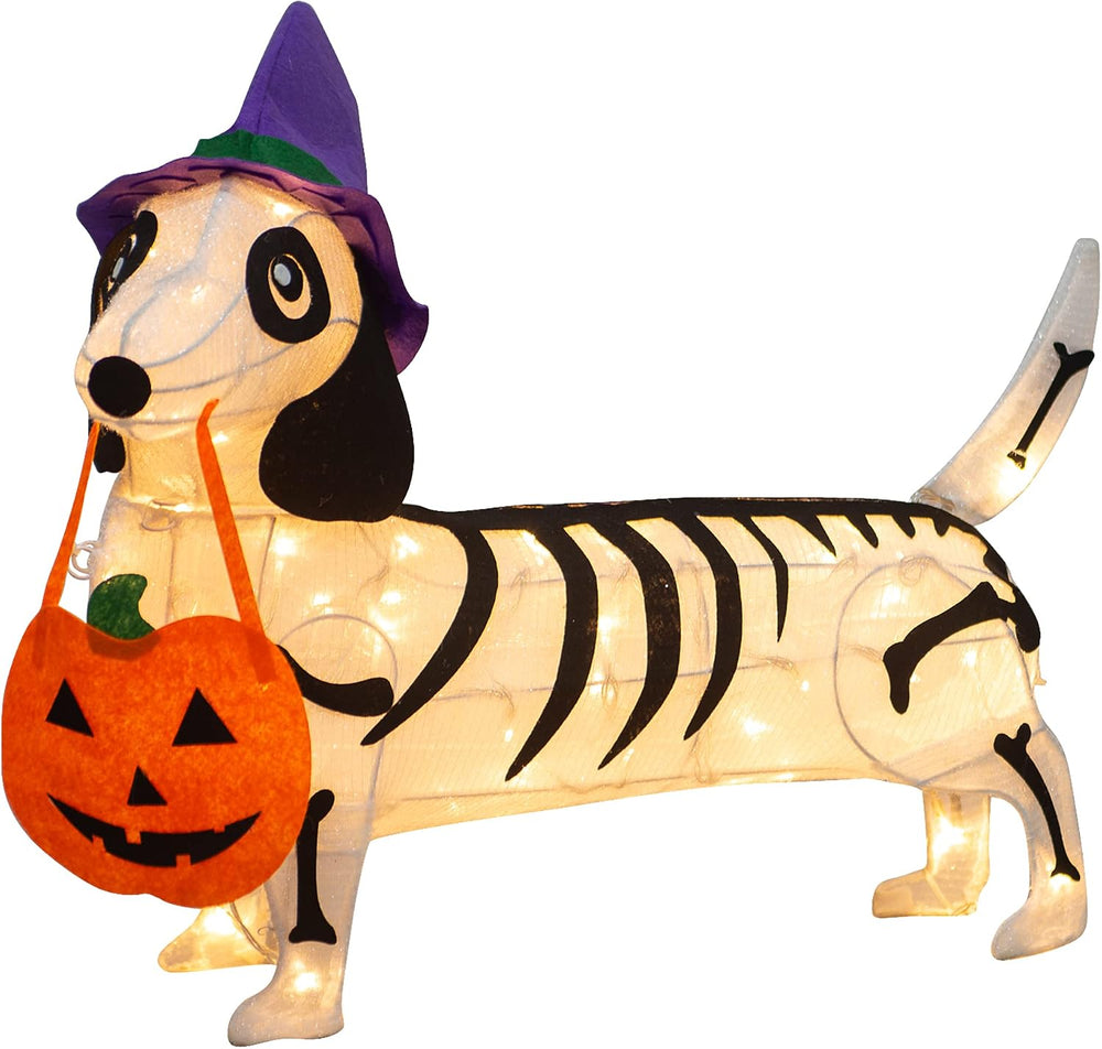 Skeleton Dachshund Decor, 25" Witch Hat Lights, Halloween Yard