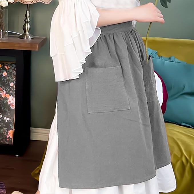 Cotton Linen Half Apron for Women Vintage Waist Apron Ruffle Plain Bright Color - Image 5