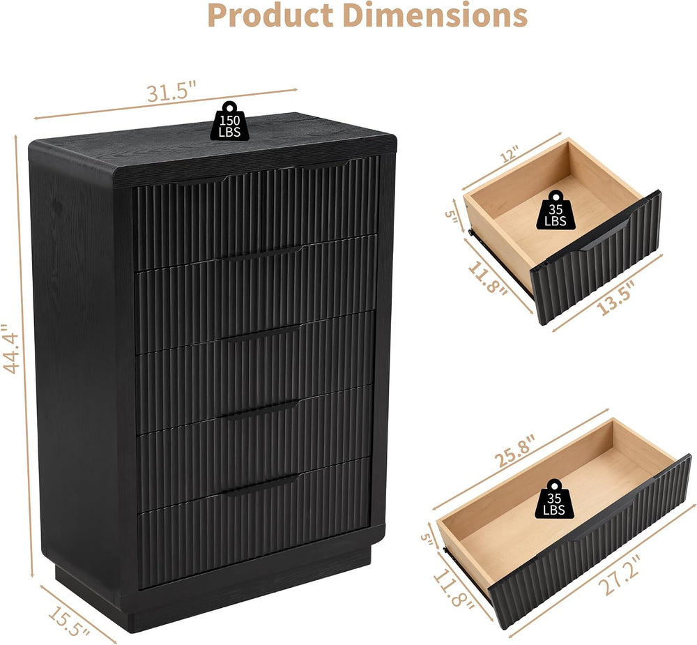 YANSNWO Black Dresser with Thickened Design, 44.4" Tall Chest of Drawers