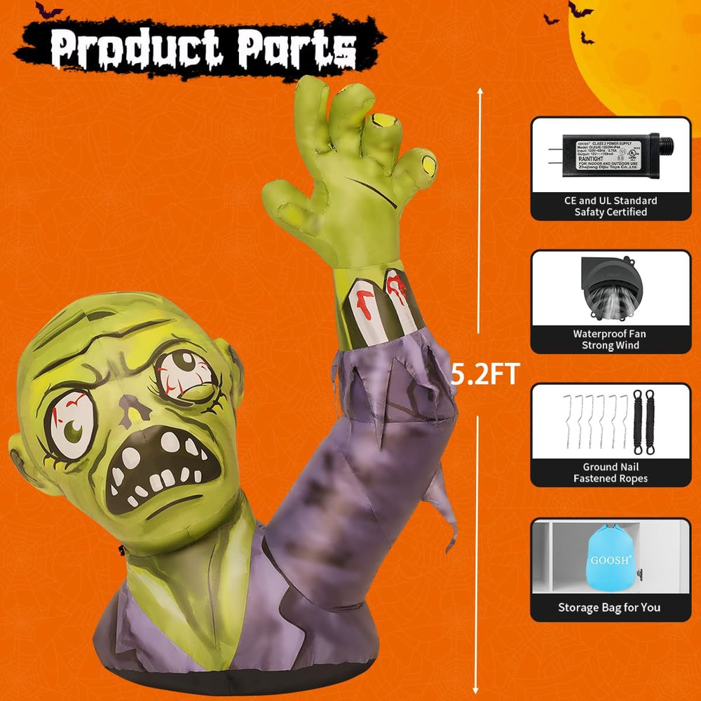 GOOSH 5.2 FT Halloween Inflatables Zombies Outdoor Decorations Blow Up Yard T...