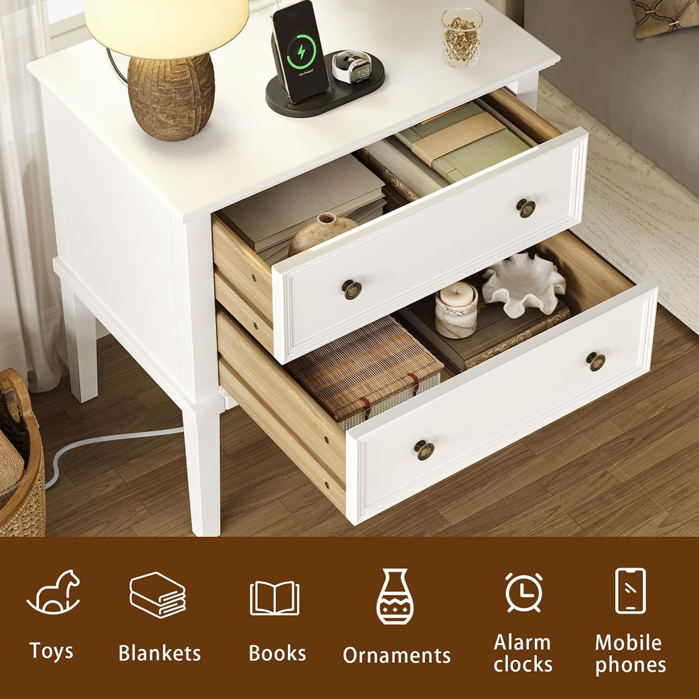 IKENO Solid Wood Nightstand with Charging Station, Farmhouse End Table with 2...