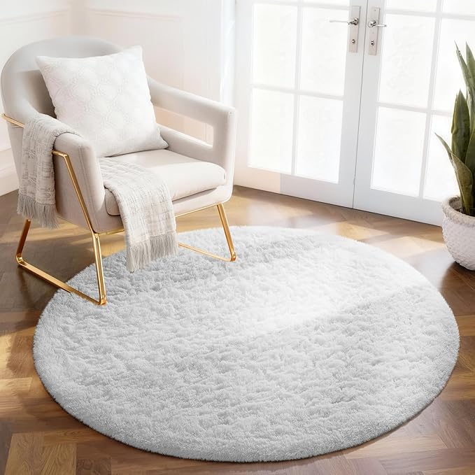 Ophanie White Round Rug 4Ft Circle Area Rug, Aesthetic Room Decor, Fluffy Fuzzy by Ophanie