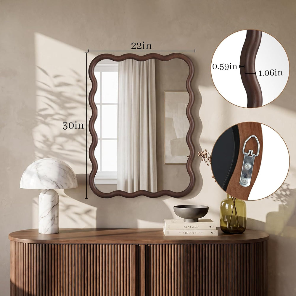 22"x30" Wavy Wood Mirror, Rectangular Wall Mirror with Natural Wood...