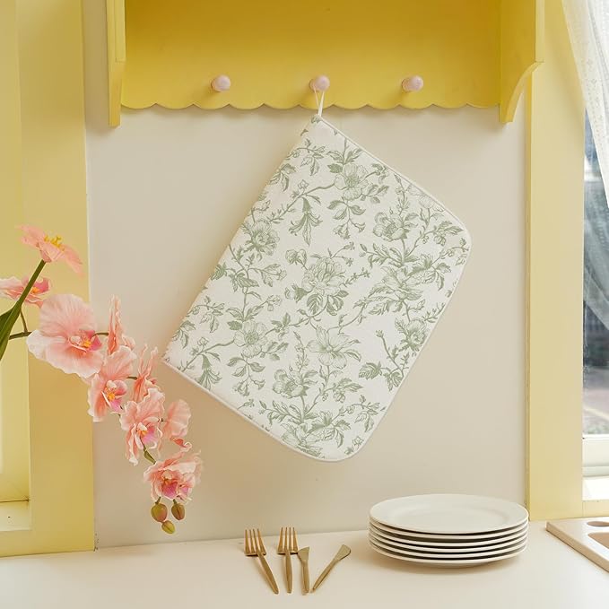 Sage Green Floral Dish Drying Mat 18 x 24 Inch Vintage Light Green Floral - Image 3