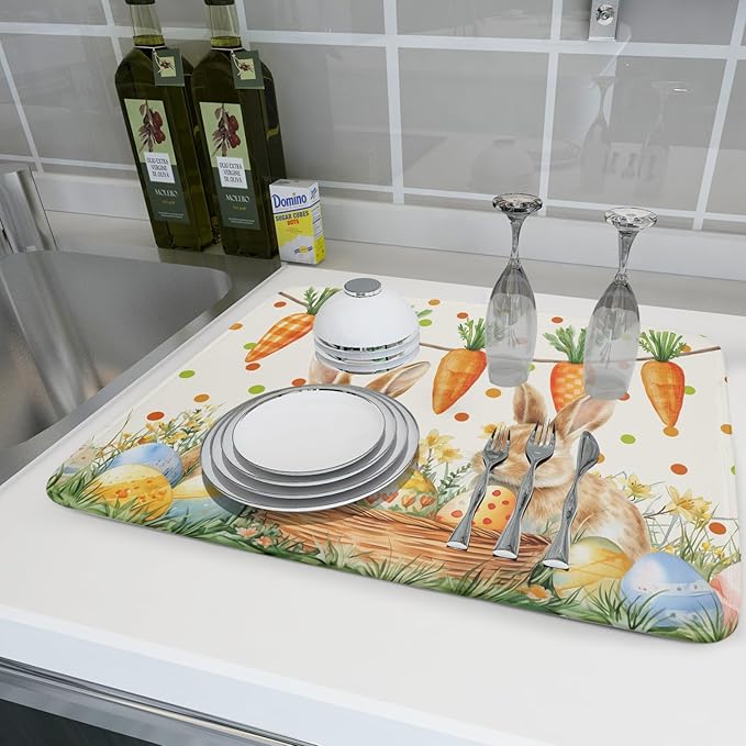 Giwawa Easter Bunny Dish Drying Mat Eggs Carrot Dishes Drainer Pad Absorbent - Image 6
