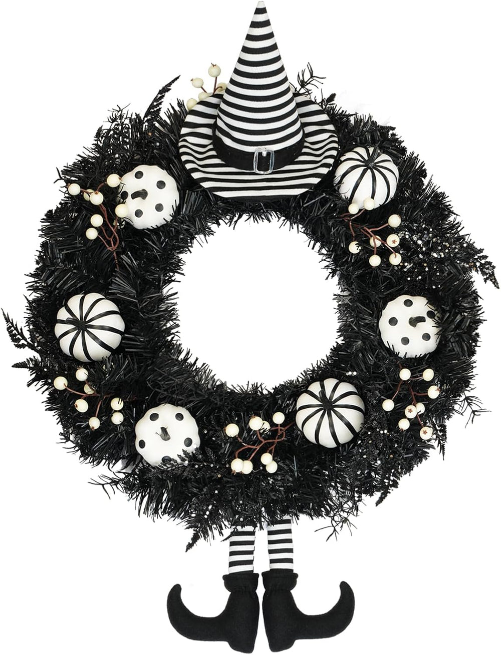 26" Halloween Wreath for Front Door with Hat, Legs, Pumpkins